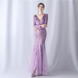 Women mesh sequin wedding dinner long-sleeved evening dress