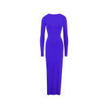 Women Pleated Long Sleeve Backless Bodycon Maxi Evening Dress