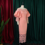 Women's Clothing Off Shoulder Lace Patchwork Puff Sleeve Formal Party Evening Dress