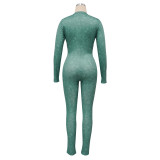 Women's Ribbed Printed Sexy V-Neck Tight Fitting Zipper Jumpsuit