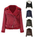 Autumn And Winter Fur Warm Women's Leather Jacket With Belt For Women Turndown Collar Coat