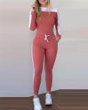 Women Sports Colorblock Long Sleeve Top and Pants Casual Two-piece Set