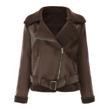 Autumn And Winter Fur Warm Women's Leather Jacket With Belt For Women Turndown Collar Coat