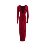 Women Pleated Long Sleeve Backless Bodycon Maxi Evening Dress