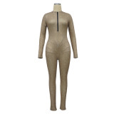 Women's Ribbed Printed Sexy V-Neck Tight Fitting Zipper Jumpsuit