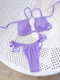 Women Lace-Up Low Back Solid Color Bikini Swimsuit