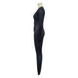 Women's Ribbed Printed Sexy V-Neck Tight Fitting Zipper Jumpsuit