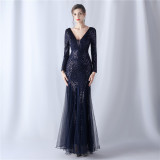 Women mesh sequin wedding dinner long-sleeved evening dress
