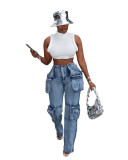 Women's Casual  Multi-Pocket Cargo Pants Mid-Rise Washed Straight Denim Trousers