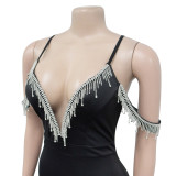 Fashion Women's Solid Color Tassel Suspender Long Dress