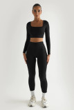 Women Winter Solid Long Sleeve Square Neck Top and Pant Two-piece Set