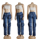 Women's Casual  Multi-Pocket Cargo Pants Mid-Rise Washed Straight Denim Trousers