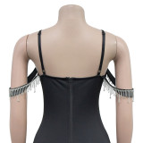 Fashion Women's Solid Color Tassel Suspender Long Dress