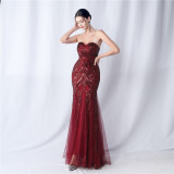 Positioned Flower Mesh Sequin Wedding Dinner Evening Dress