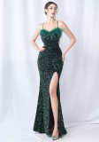 Feather Dinner Party Wedding Velvet Sequin Evening Dress