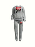 Women's Two-Piece Casual Printed Fleece Hoodie Pants Set