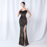 Feather Dinner Party Wedding Velvet Sequin Evening Dress