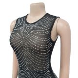 Fashion Women's Solid Color Mesh Beaded Sleeveless Long Dress