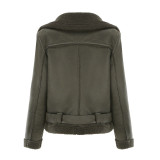 Autumn And Winter Fur Warm Women's Leather Jacket With Belt For Women Turndown Collar Coat