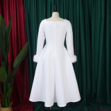 Winter Chic Elegant Fur Decorated Long Sleeve A-Line African Party Dress