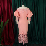 Women's Clothing Off Shoulder Lace Patchwork Puff Sleeve Formal Party Evening Dress