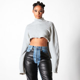 Women Autumn and Winter Long Sleeve High Collar Irregular Crop Top