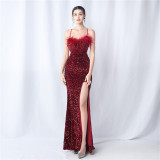Feather Dinner Party Wedding Velvet Sequin Evening Dress