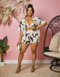 Abstract Print Bra Loose Shirt Tight Fitting Shorts Plus Size Three Piece Set
