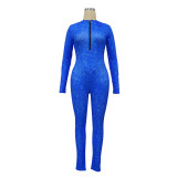 Women's Ribbed Printed Sexy V-Neck Tight Fitting Zipper Jumpsuit