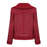 Autumn And Winter Fur Warm Women's Leather Jacket With Belt For Women Turndown Collar Coat