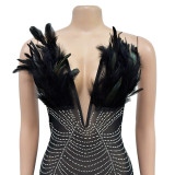 Women Solid Sexy Mesh Beaded Jumpsuit