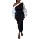 Women Contrast Slash Shoulder Stretch Bodycon Slit Balloon Sleeve Dress