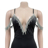 Fashion Women's Solid Color Tassel Suspender Long Dress