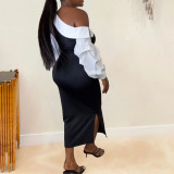 Women Contrast Slash Shoulder Stretch Bodycon Slit Balloon Sleeve Dress