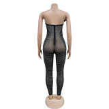 Women Solid Sexy Mesh Beaded Jumpsuit