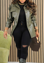 Autumn And Winter Women's Solid Color Pu Leather Long Sleeve Turndown Collar Jacket