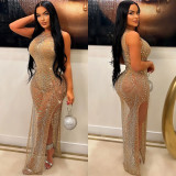 Fashion Women's Solid Color Mesh Beaded Sleeveless Long Dress