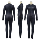 Women's Ribbed Printed Sexy V-Neck Tight Fitting Zipper Jumpsuit