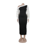Women Contrast Slash Shoulder Stretch Bodycon Slit Balloon Sleeve Dress