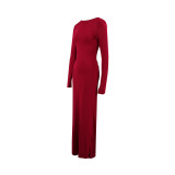 Women Pleated Long Sleeve Backless Bodycon Maxi Evening Dress