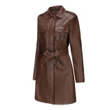 Spring And Autumn Long-Sleeved Leather Windbreaker Leather Jacket With Belt Fashionable British Jacket For Women