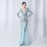 Women mesh sequin wedding dinner long-sleeved evening dress