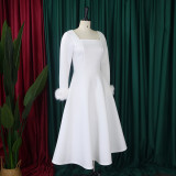 Winter Chic Elegant Fur Decorated Long Sleeve A-Line African Party Dress