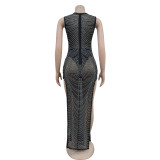 Fashion Women's Solid Color Mesh Beaded Sleeveless Long Dress