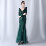 Women mesh sequin wedding dinner long-sleeved evening dress