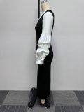 Women Contrast Slash Shoulder Stretch Bodycon Slit Balloon Sleeve Dress