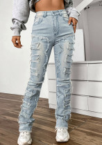 Women's Denim Embroidered Straight Pants Fashionable Patch Jeans