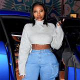 Women Autumn and Winter Long Sleeve High Collar Irregular Crop Top