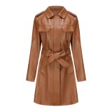 Spring And Autumn Long-Sleeved Leather Windbreaker Leather Jacket With Belt Fashionable British Jacket For Women