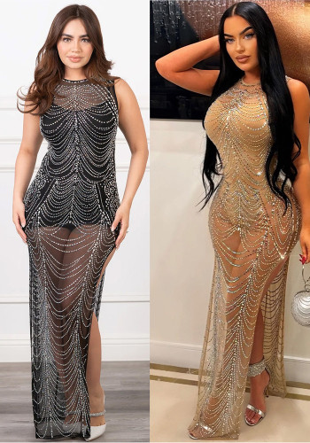 Fashion Women's Solid Color Mesh Beaded Sleeveless Long Dress